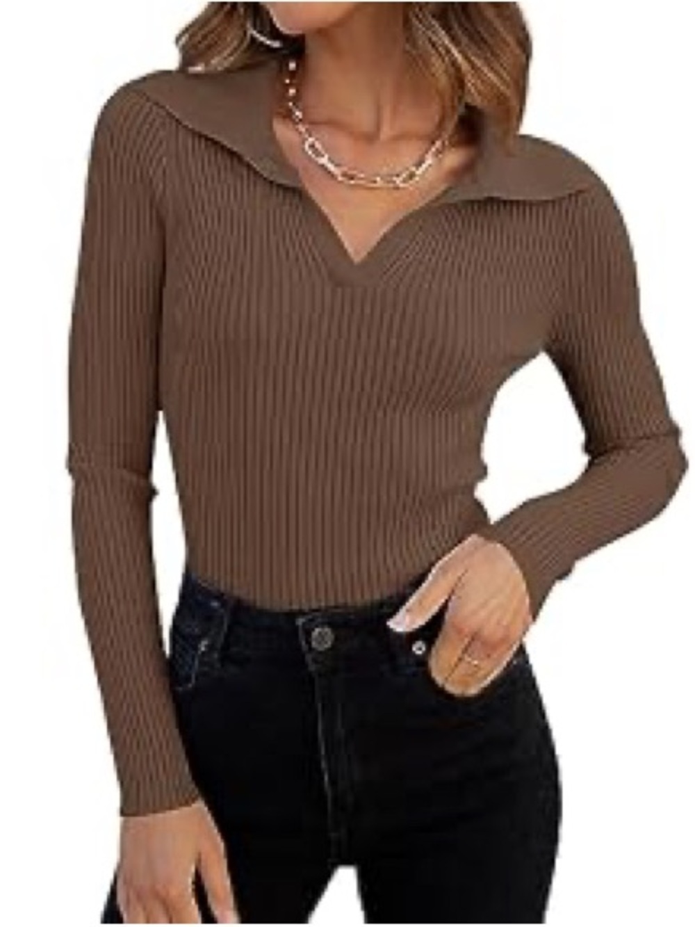 Chocolate Brown Ribbed Long Sleeve Collared Knit Top/Sweater- Medium